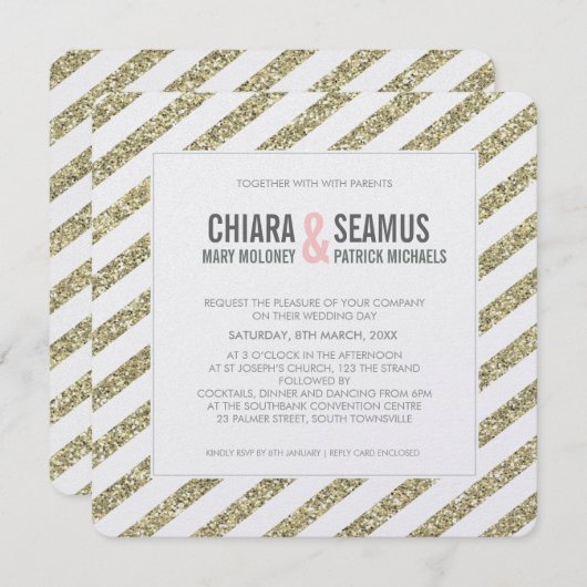 モダン結婚式招待状グリッターストライプソフト金ゴールド 招待状 (正面/裏面)