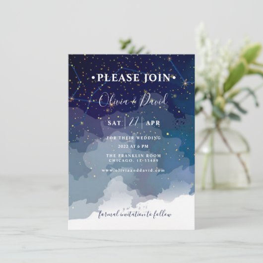 モダン結婚式招待状ブルースカイとホワイトスター (スタンド正面)