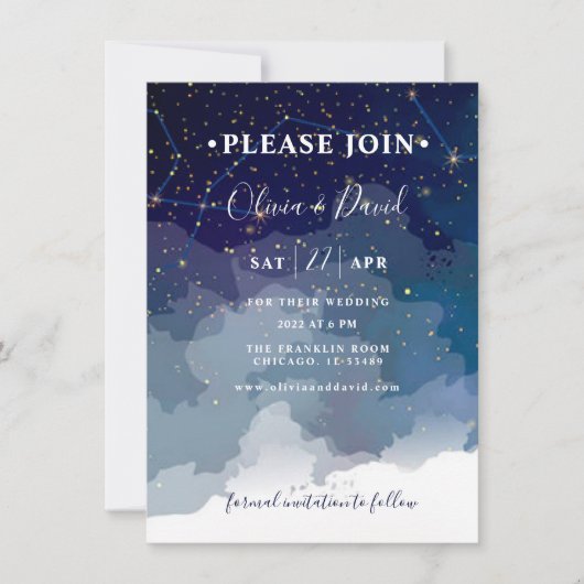 モダン結婚式招待状ブルースカイとホワイトスター (正面)