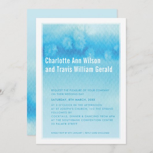 モダン結婚式招待状:グラデーション水色ブルー 招待状 (正面/裏面)