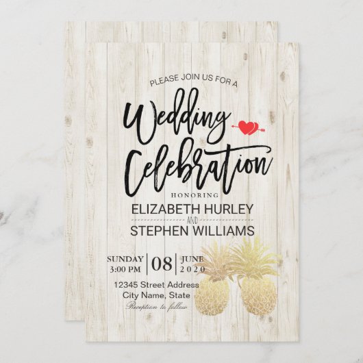 モダン結婚金パイナップル素朴カップル 招待状 (正面/裏面)