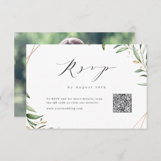 モダン結婚Greenery Geometric素朴のQRコード 出欠カード (正面/裏面)