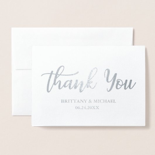 モダン結婚Thanks Script Photo Silver 箔カード (封筒付き正面)