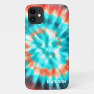モダン絞り染めブルーオレンジパーソナライズされた名 iPhone 11 ケース