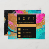 モダン絵を描アクリルカラフル結婚金ゴールド 出欠カード (正面/裏面)