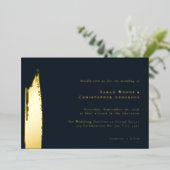 モダン絵を描ダークミニマルブルー金ゴールド結婚ズ 箔招待状 (立ち正面)