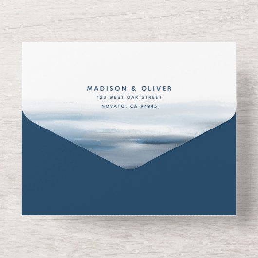 モダン絵を描ビーチ海結婚テーマ オールインワン招待状 (裏面)