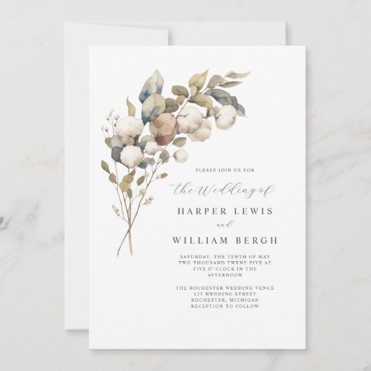 モダン綿花qrコー結婚ド 招待状 (正面)