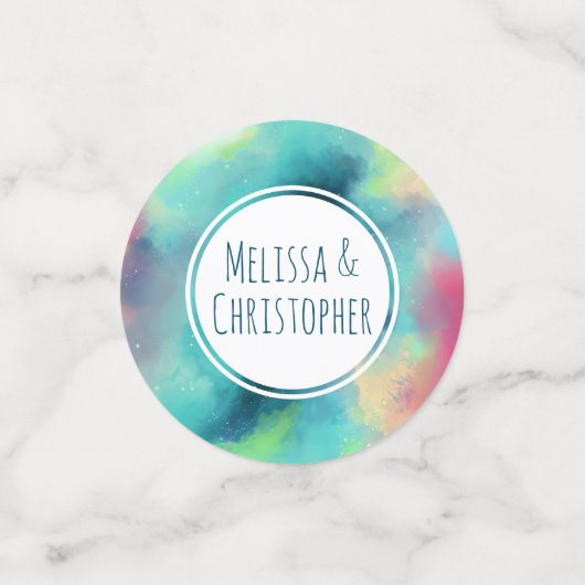 モダン緑と赤の宇宙水の色結婚の コンフェッティ (スモール正面)