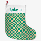モダン緑と金ゴールドのパタ市松模様にーン ラージクリスマスストッキング (正面)