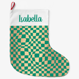モダン緑と金ゴールドのパタ市松模様にーン ラージクリスマスストッキング