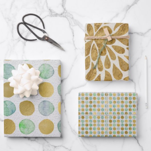 モダン緑と金ゴールドの水色 ラッピングペーパーシート (正面)