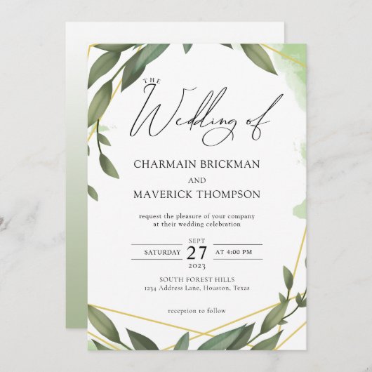 モダン緑のセージ結婚グリーン 招待状 (正面/裏面)