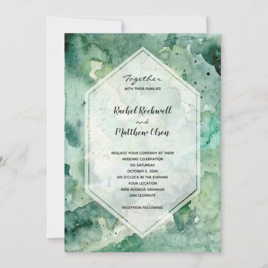 モダン緑の水の色結婚の 招待状 (正面)