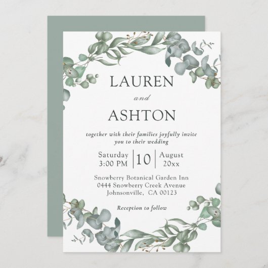 モダン緑の白とセージシンプルの結婚 招待状 (正面/裏面)