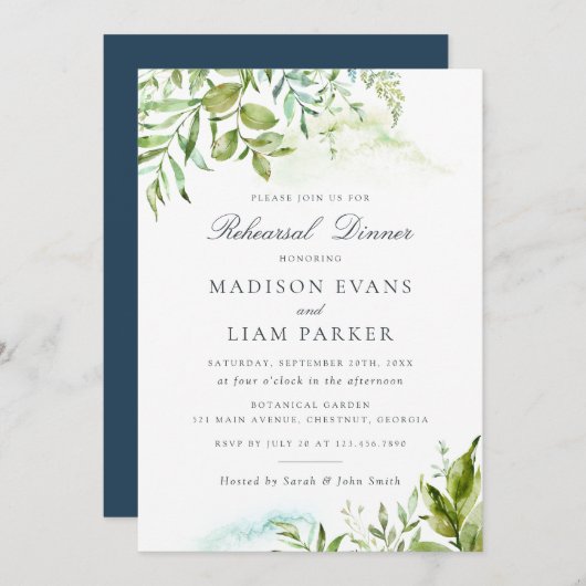 モダン緑の葉の葉リハーサル 招待状 (正面/裏面)