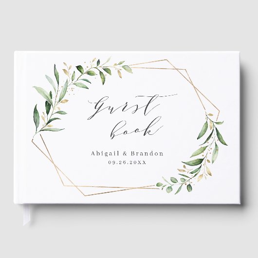 モダン緑の金ゴールド幾何素朴結婚の ゲストブック (正面)