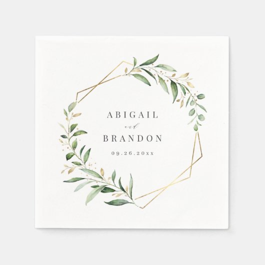 モダン緑の金ゴールド幾何素朴結婚の スタンダードカクテルナプキン (正面)