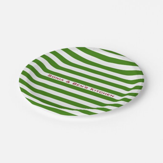 モダン緑ストライプ文字付き任意の色のカスタム ペーパープレート (アングル)