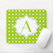 モダン緑、白水玉模様パターン&モノグラム マウスパッド (マウス)