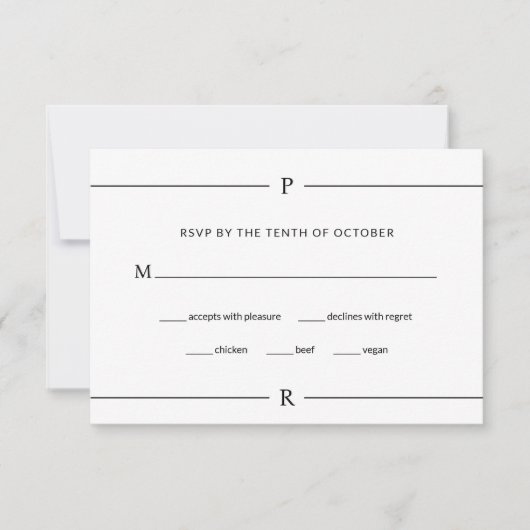 モダン線とモノグラム黒と白結婚 出欠カード (正面)