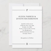 モダン線とモノグラム黒と白結婚 招待状 (正面)