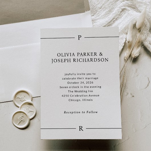 モダン線とモノグラム黒と白結婚 招待状