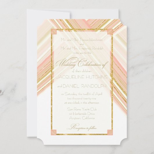 モダン線アールデコ赤面金ゴールド結婚グリッター 招待状 (正面)