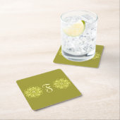 モダン線シンプルストライプフローラモノグラム名 スクエアペーパーコースター (インサイチュ)