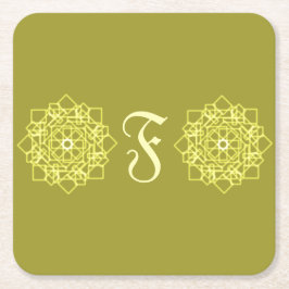 モダン線シンプルストライプフローラモノグラム名 スクエアペーパーコースター