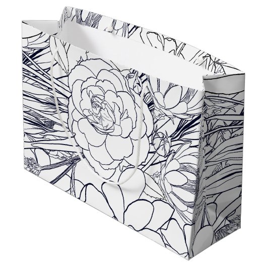 モダン線画手描きフローラガーリーデザイン ラージペーパーバッグ (裏面アングル)