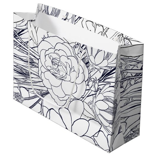 モダン線画手描きフローラガーリーデザイン ラージペーパーバッグ (正面アングル)