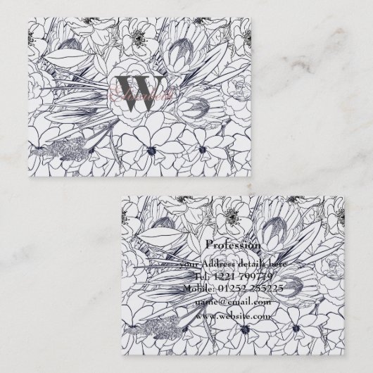 モダン線画手描きフローラガーリーデザイン 名刺 (正面/裏面)
