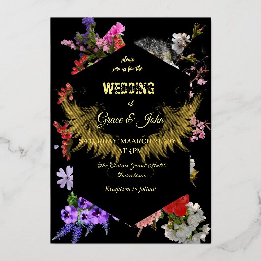 モダン縁どカラフル幾何結婚フローラ 箔招待状 (正面)