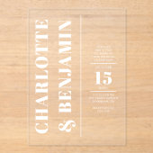 モダン縦ボールドホワイトウェディング アクリル招待状 (正面)