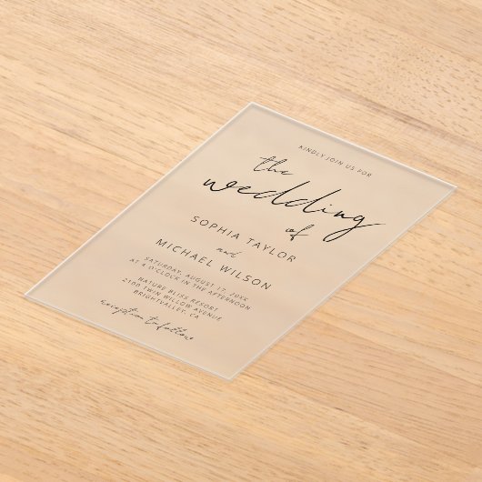 モダン署名スクリプト白黒結婚の アクリル招待状 (レイダウン)