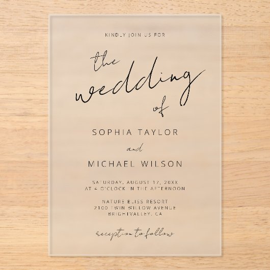 モダン署名スクリプト白黒結婚の アクリル招待状 (正面)