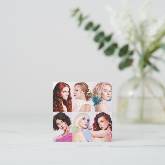 モダン美容師お客様の写真のスクリプエレガントト スクエア名刺 (スタンド正面)