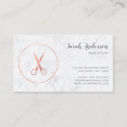 モダン美容師はさみバラ金ゴールド大理石 名刺 (正面)