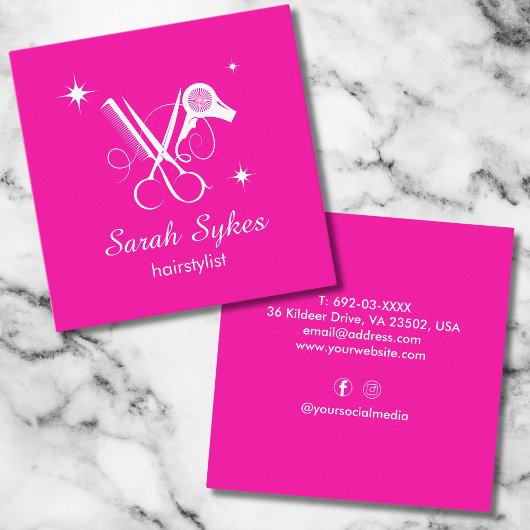 モダン美容師はさみホットピンクミニマリスト スクエア名刺