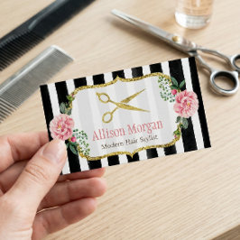 モダン美容師ガーリー金ゴールドピンクフローラストライプの 名刺