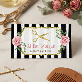 モダン美容師ガーリー金ゴールドピンクフローラストライプの 名刺