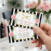 モダン美容師ガーリー金ゴールドピンクフローラストライプの 名刺