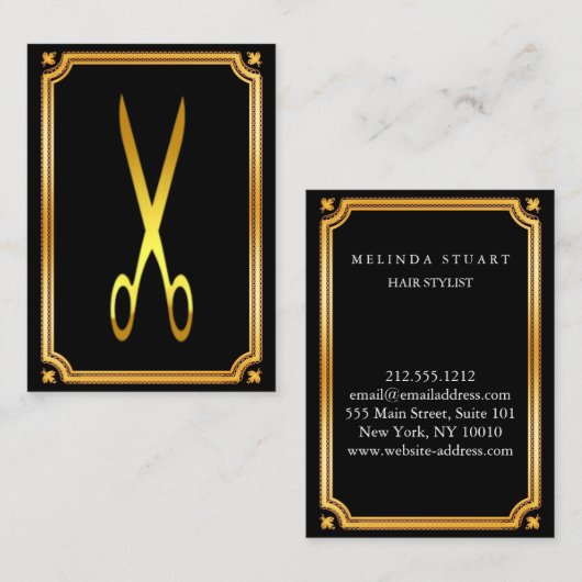 モダン美容師フェイク金ゴールドはさみブラック 名刺 (正面/裏面)