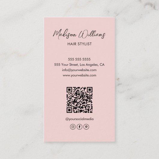 モダン美容師写真QRピンク 名刺 (裏面)