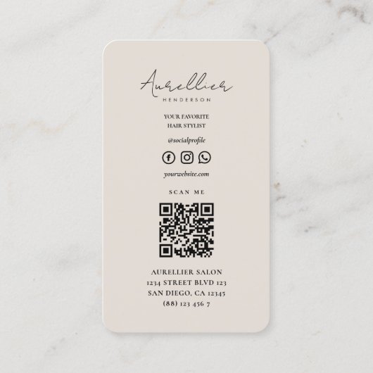 モダン美容師美しいサロンホワイトサンドスクリプト 名刺 (裏面)
