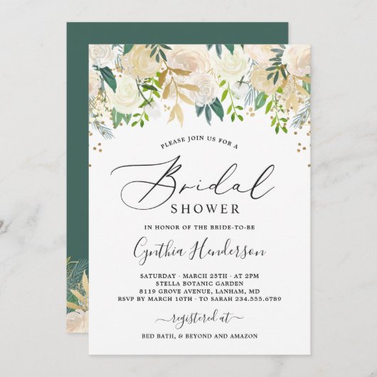 モダン自然グリーン金ゴールドフローラブライダルシャワー 招待状 (正面/裏面)