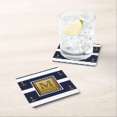 モダン航海のいかりブルーホワイト金ゴールドモノグラム スクエアペーパーコースター (インサイチュ)