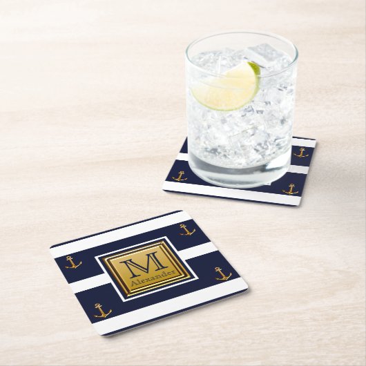 モダン航海のいかりブルーホワイト金ゴールドモノグラム スクエアペーパーコースター (インサイチュ)