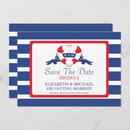 モダン航海のハートブイ日付の保存 招待状 (正面/裏面)